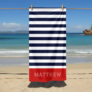 Monogramm für Rot und Navy Stripes Strandtuch