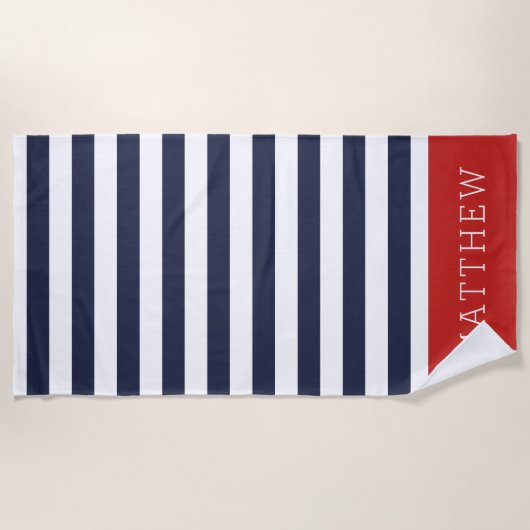 Monogramm für Rot und Navy Stripes Strandtuch (Vorderseite)