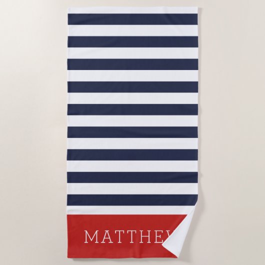 Monogramm für Rot und Navy Stripes Strandtuch (Vorderseite)