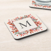 Monogramm für rote Berries und grüne Blätter Getränkeuntersetzer (Linke Seite)