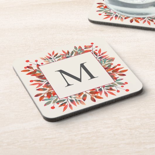 Monogramm für rote Berries und grüne Blätter Getränkeuntersetzer (Linke Seite)