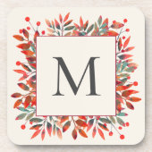 Monogramm für rote Berries und grüne Blätter Getränkeuntersetzer (Vorderseite)