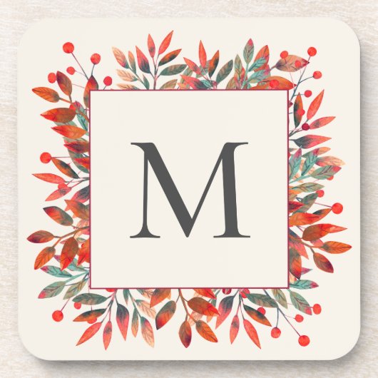 Monogramm für rote Berries und grüne Blätter Getränkeuntersetzer (Vorderseite)