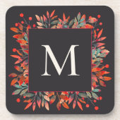 Monogramm für rote Berries und grüne Blätter Getränkeuntersetzer (Vorderseite)