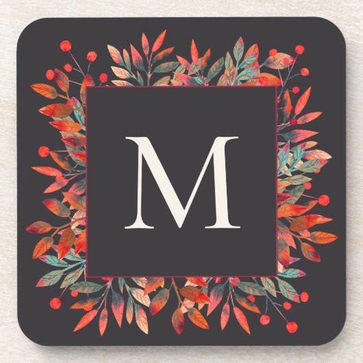 Monogramm für rote Berries und grüne Blätter Getränkeuntersetzer (Vorderseite)