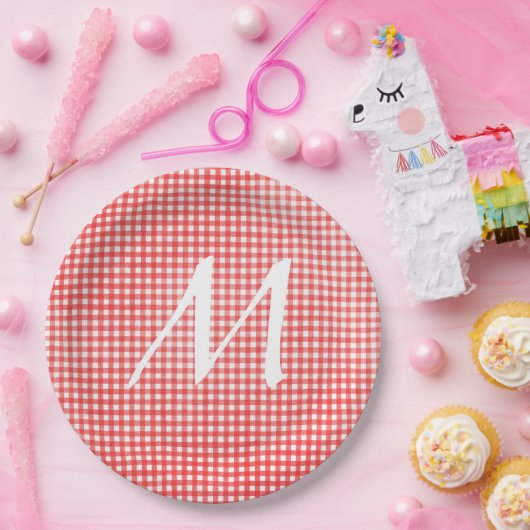 Monogramm für rotes und weißes Gingham-Design Pappteller (Party)