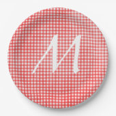 Monogramm für rotes und weißes Gingham-Design Pappteller (Vorderseite)