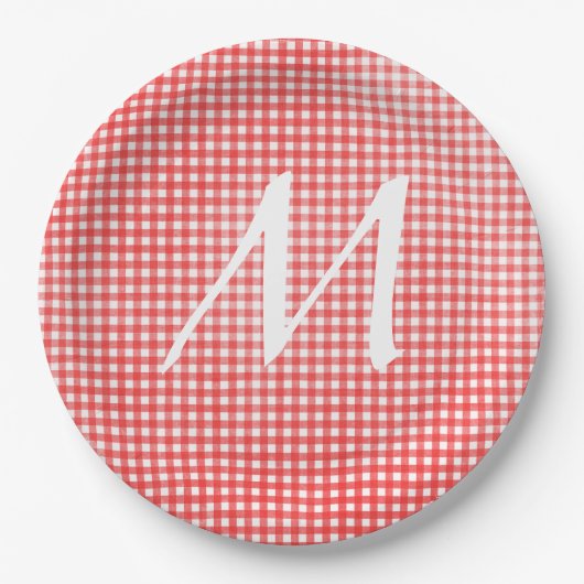Monogramm für rotes und weißes Gingham-Design Pappteller (Vorderseite)