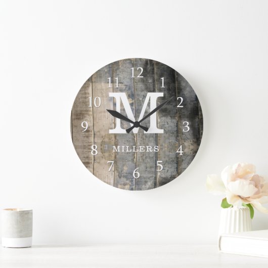 Monogramm für rustikale Paletten Große Wanduhr (Zuhause)
