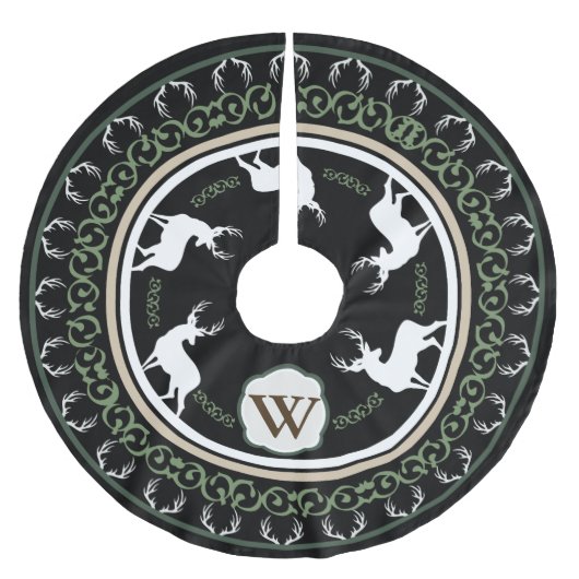 Monogramm für rustikale Silhouetten und Antler Polyester Weihnachtsbaumdecke (Vorderseite)