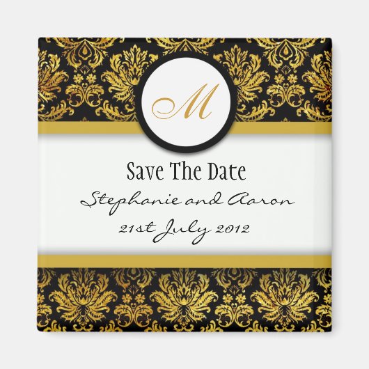 Monogramm für Schwarz-Gold-Damask Save the Date Magnet (Vorne)