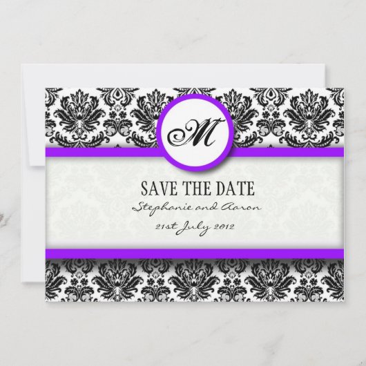 Monogramm für Schwarz und Lila Damaskus Save the D Save The Date (Vorderseite)