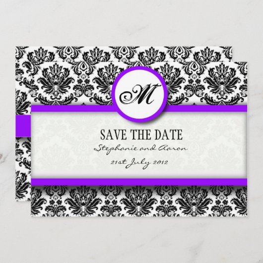 Monogramm für Schwarz und Lila Damaskus Save the D Save The Date (Vorne/Hinten)