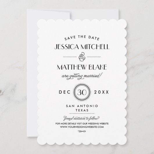 Monogramm für Schwarz-Weiß-Art-Deco Save the Date (Vorderseite)