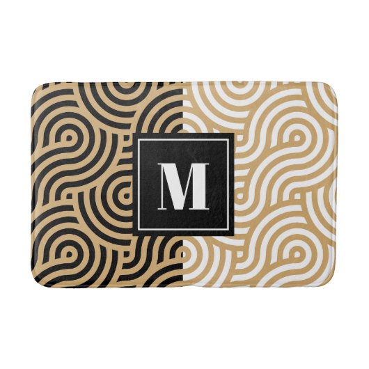 Monogramm für Schwarz-Weiß-Goldene Meereswellen Badematte (Vorderseite)
