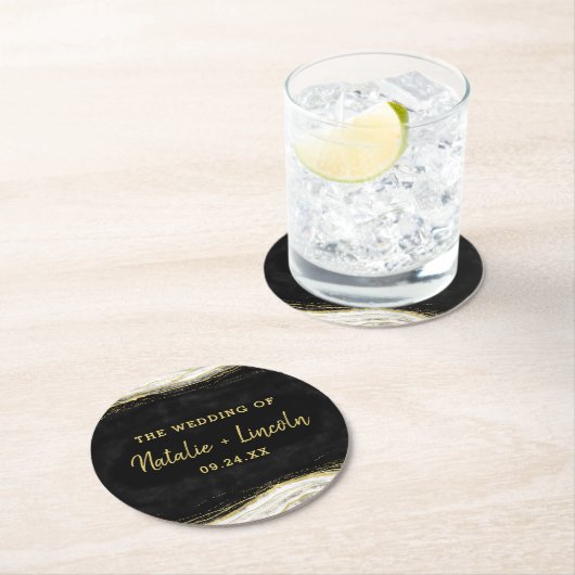 Monogramm für Schwarz-weiß- und Goldgeode Runder Pappuntersetzer (Vor Ort)