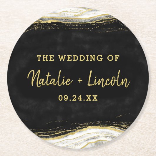 Monogramm für Schwarz-weiß- und Goldgeode Runder Pappuntersetzer (Vorderseite)