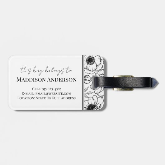 Monogramm für Schwarz-weiße florale Bezeichnung Gepäckanhänger (Rückseite horizontal)