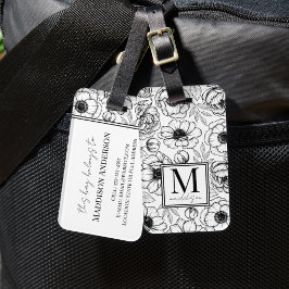 Monogramm für Schwarz-weiße florale Bezeichnung Gepäckanhänger