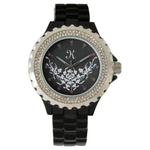 MONOGRAMM FÜR Schwarz-weiße GRIFFINEN UND BLUME Armbanduhr