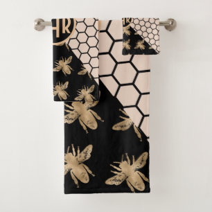 Monogramm für Schwarze und Goldbienen und rosa Hon Badhandtuch Set
