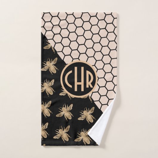 Monogramm für Schwarze und Goldbienen und rosa Hon Badhandtuch Set (Handtuch)