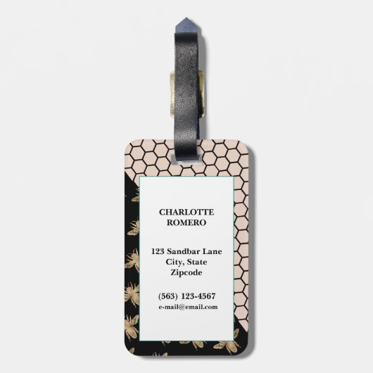 Monogramm für Schwarze und Goldbienen und rosa Hon Gepäckanhänger (Rückseite vertikal)