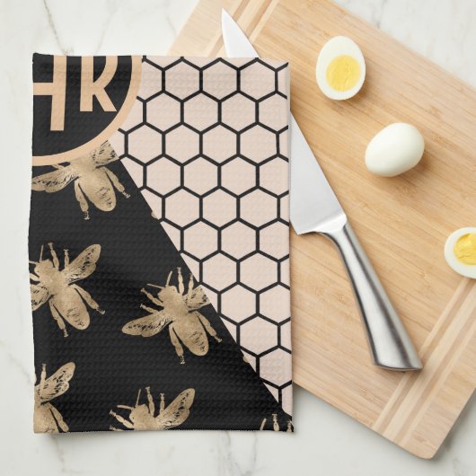 Monogramm für Schwarze und Goldbienen und rosa Hon Geschirrtuch (Viertel Falte)