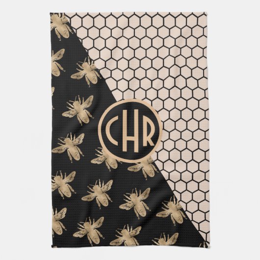 Monogramm für Schwarze und Goldbienen und rosa Hon Geschirrtuch (Vertikal)