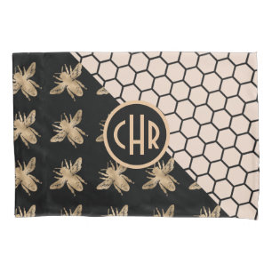 Monogramm für Schwarze und Goldbienen und rosa Hon Kissenbezug