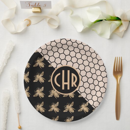 Monogramm für Schwarze und Goldbienen und rosa Hon Pappteller (Hochzeit)
