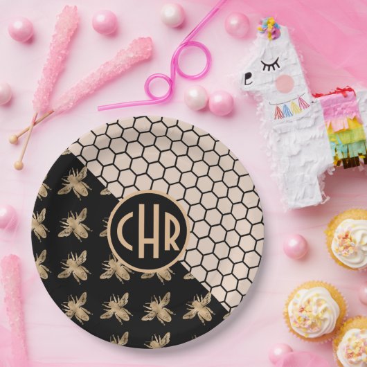 Monogramm für Schwarze und Goldbienen und rosa Hon Pappteller (Party)
