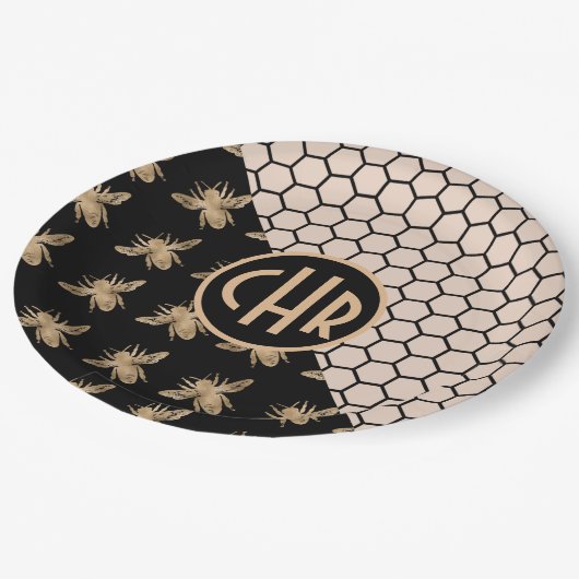Monogramm für Schwarze und Goldbienen und rosa Hon Pappteller (Schrägansicht)