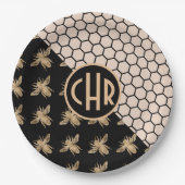 Monogramm für Schwarze und Goldbienen und rosa Hon Pappteller (Vorderseite)