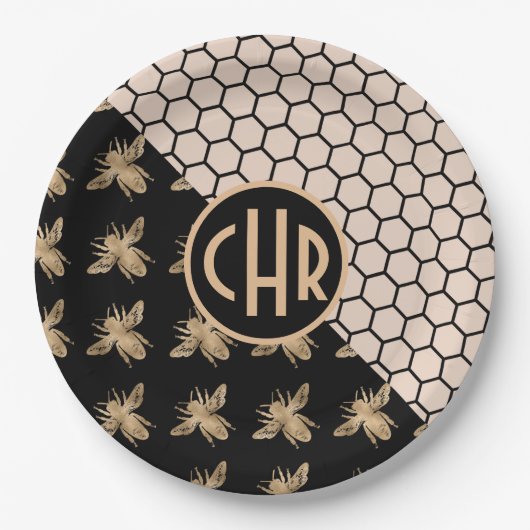 Monogramm für Schwarze und Goldbienen und rosa Hon Pappteller (Vorderseite)