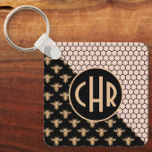 Monogramm für Schwarze und Goldbienen und rosa Hon Schlüsselanhänger (Vorderseite)
