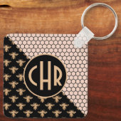 Monogramm für Schwarze und Goldbienen und rosa Hon Schlüsselanhänger (Rückseite)