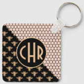 Monogramm für Schwarze und Goldbienen und rosa Hon Schlüsselanhänger (Rückseite)