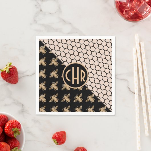 Monogramm für Schwarze und Goldbienen und rosa Hon Serviette (Beispiel)