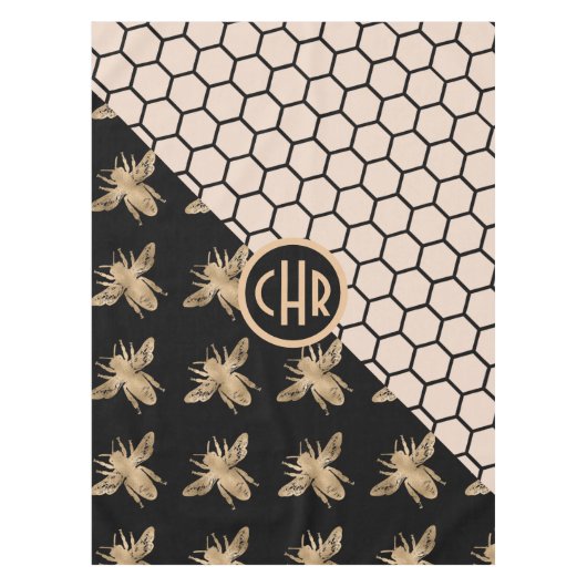 Monogramm für Schwarze und Goldbienen und rosa Hon Tischdecke (Vorderseite)
