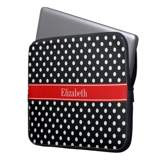 Monogramm für schwarze und weiße Polka-Punkte Rote Laptopschutzhülle (Vorderseite Links)