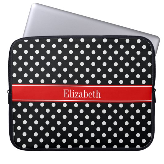 Monogramm für schwarze und weiße Polka-Punkte Rote Laptopschutzhülle (Vorderseite)