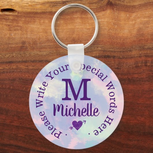 Monogramm für sie mit lila, benutzerdefiniertem Te Schlüsselanhänger (Rückseite)