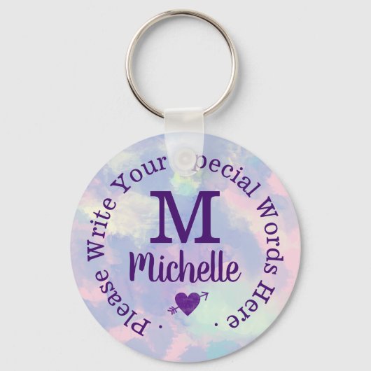 Monogramm für sie mit lila, benutzerdefiniertem Te Schlüsselanhänger (Rückseite)