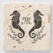 Monogramm für Silhouetten aus schwarzem Seepferd Steinuntersetzer (Vorderseite)
