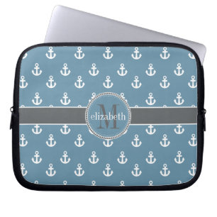 Monogramm für Sky Blue Gray White Ship Anchors Laptopschutzhülle