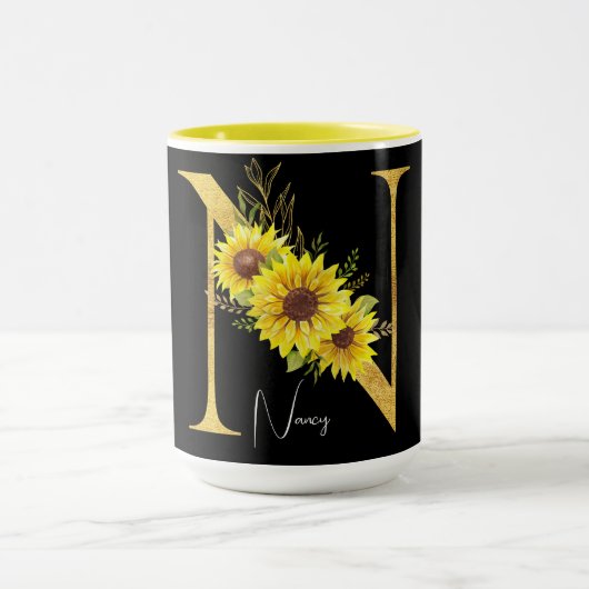 Monogramm für Sonnenblumen Buchstabe N Blumenbuchs Tasse (Zentrum)
