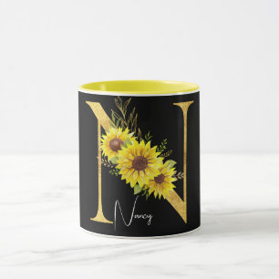 Monogramm für Sonnenblumen Buchstabe N Blumenbuchs Tasse
