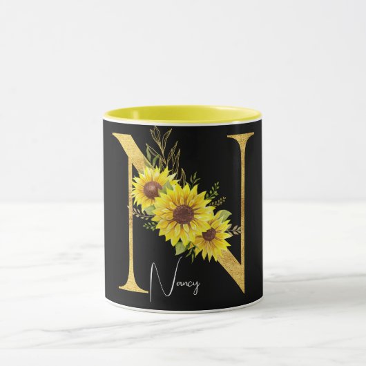 Monogramm für Sonnenblumen Buchstabe N Blumenbuchs Tasse (Zentrum)