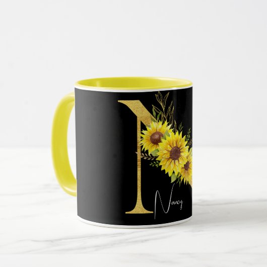 Monogramm für Sonnenblumen Buchstabe N Blumenbuchs Tasse (Vorderseite Links)